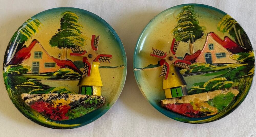 Vintage Set Of 2 Holland Hand Painted 3d Windmill Wooden Plate Wall Hanging
